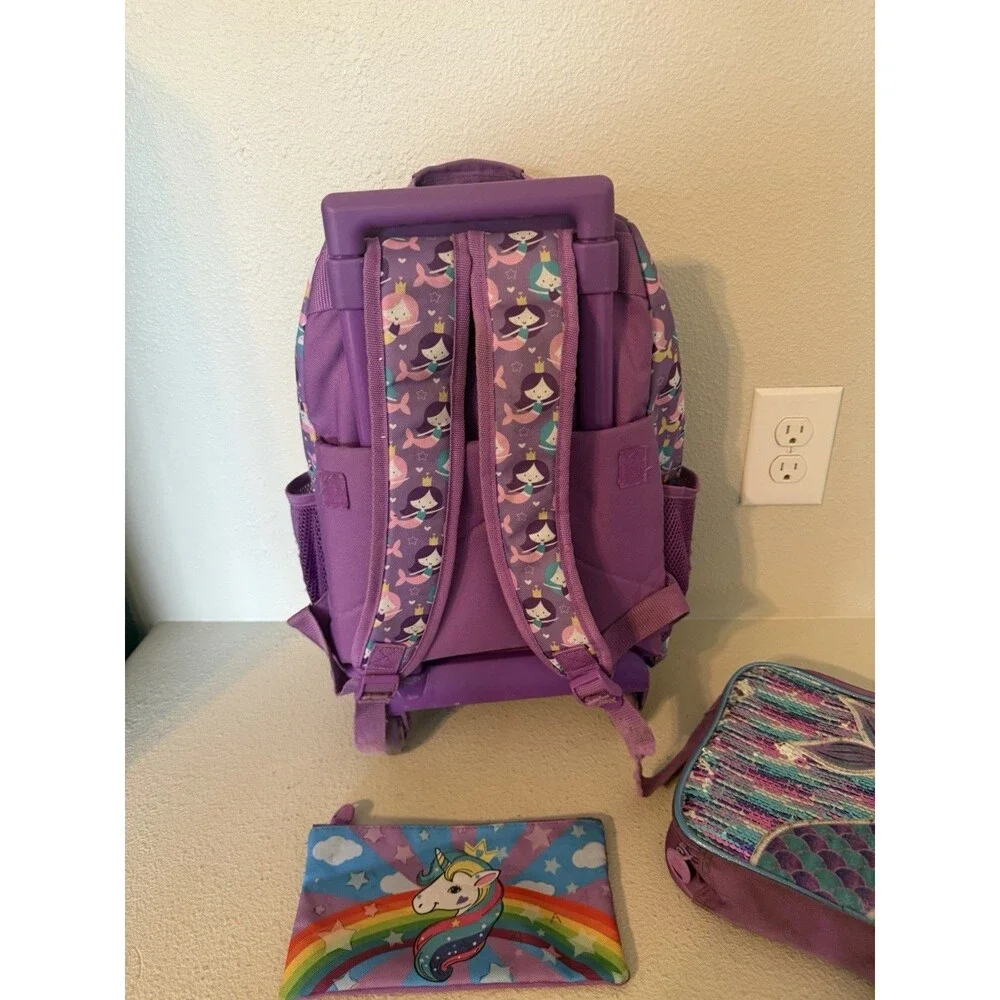 Girls Purple Mermaid Sequin Rolling Backpack Set w/ Lunch Bag & Pencil Case